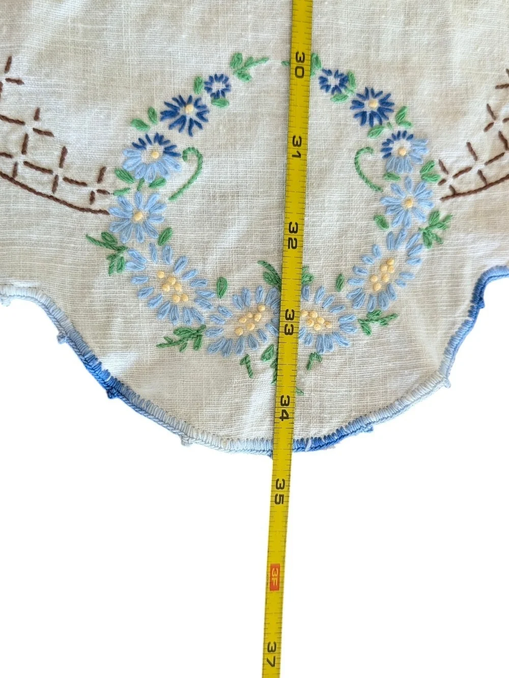 Hand-Embroidered Floral Linen Table Runner in Cream and Blue